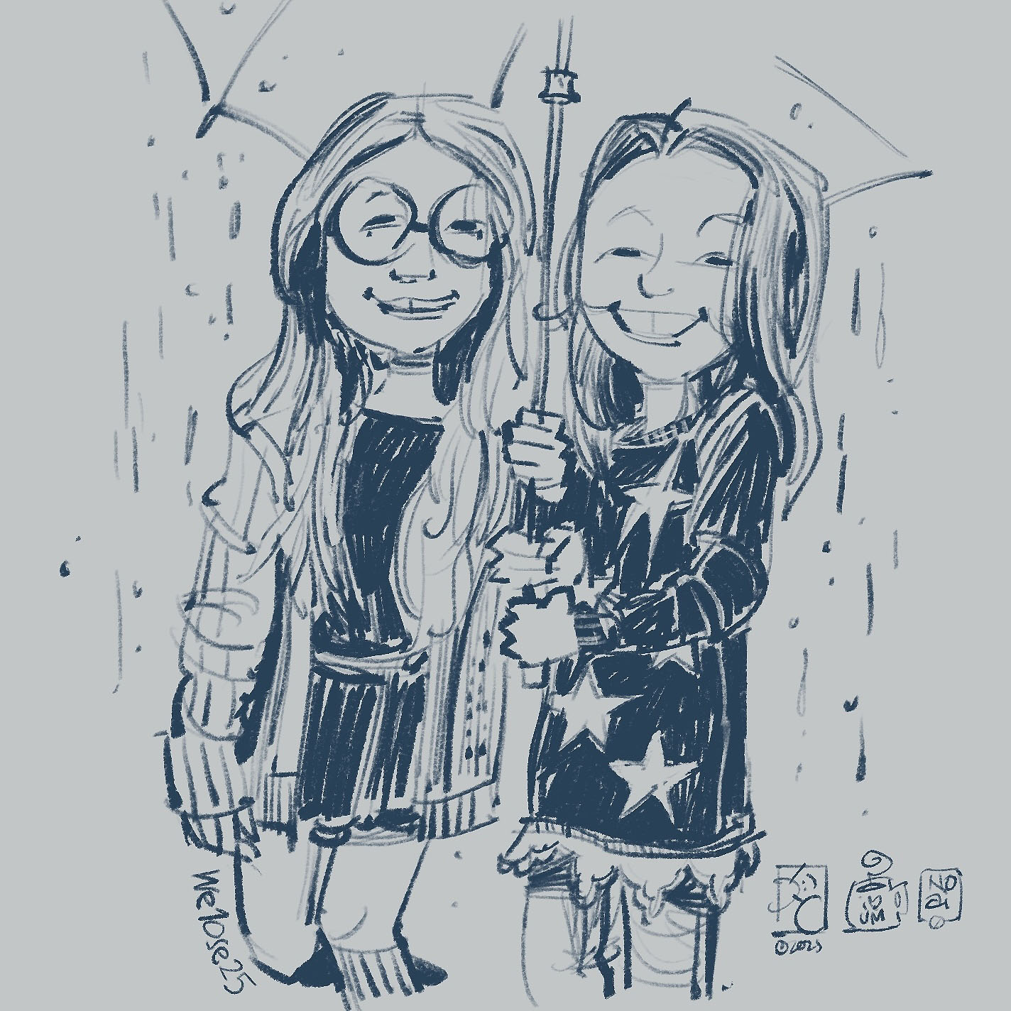Two girls in the rain, blue on light gray