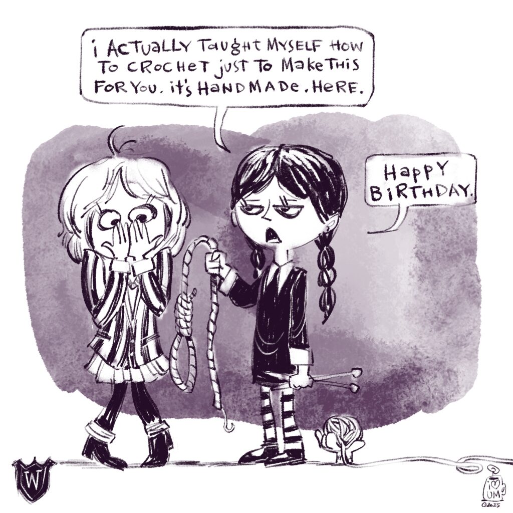 Wednesday makes a noose for her friend’s birthday