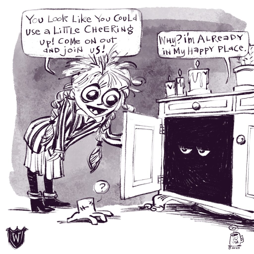 Inktober 2025 Day 4, Wednesday hiding inside a murky cabinet