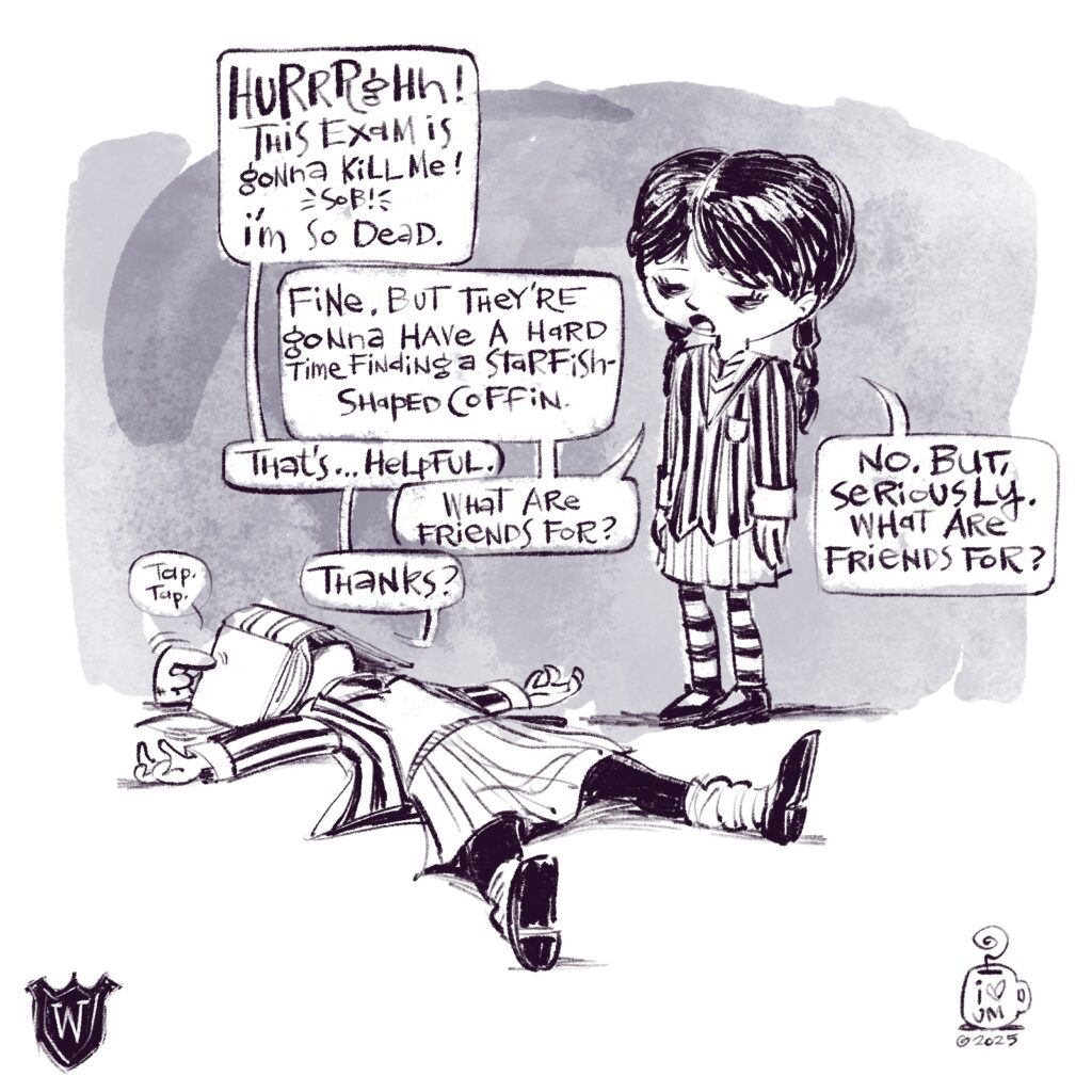 Enid lying on back, limbs splayed, book on face, while Wednesday looks on